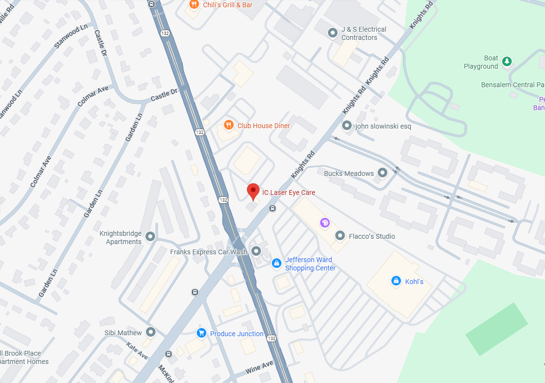 Map view highlighting IC Laser Eye Care location – IC Laser Eye Care Google Maps screenshot showing the location of IC Laser Eye Care near Knights Road and Roosevelt Boulevard, with nearby landmarks including Club House Diner, Produce Junction, Kohl’s, and Jefferson Ward Shopping Center – IC Laser Eye Care