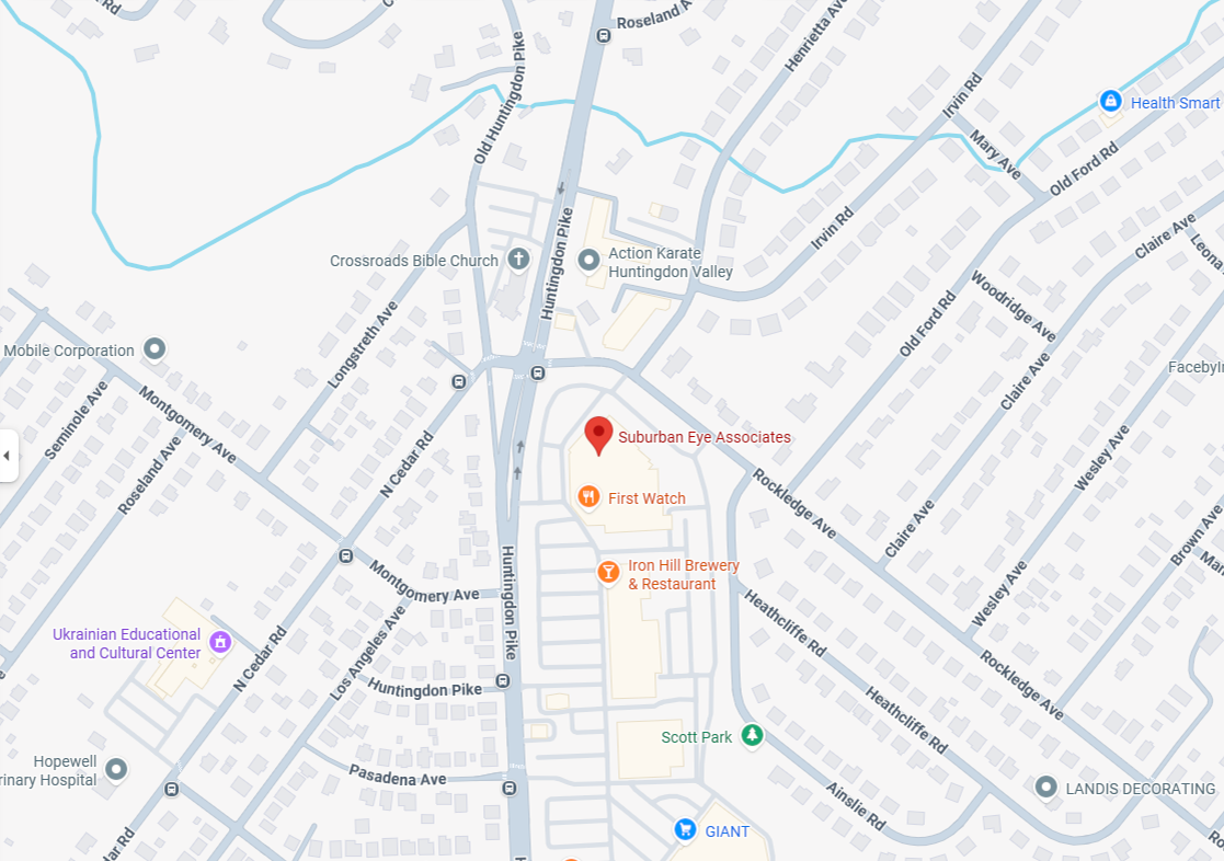 Map view showing Suburban Eye Associates location – IC Laser Eye Care Google Maps screenshot highlighting the location of Suburban Eye Associates near Huntingdon Pike, with nearby landmarks including First Watch, Iron Hill Brewery & Restaurant, Scott Park, and surrounding neighborhood streets – IC Laser Eye Care