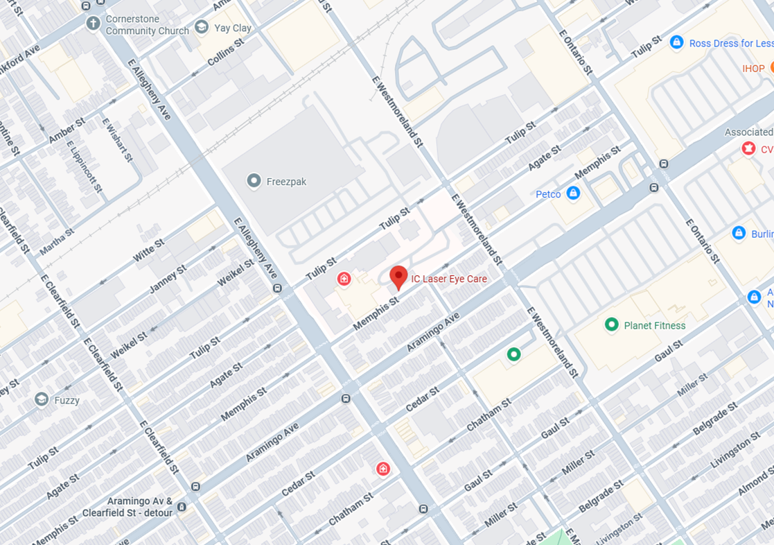 Map view highlighting IC Laser Eye Care location – IC Laser Eye Care Google Maps screenshot showing the location of IC Laser Eye Care near Memphis Street and Aramingo Avenue, with nearby landmarks including Planet Fitness, Petco, Ross Dress for Less, and Freezpak – IC Laser Eye Care